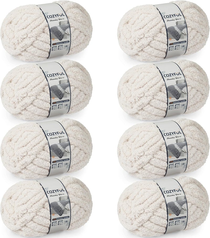 Cozyful Chunky Yarn for Hand Knitting - #10 Chunky Chenille Yarn, Jumbo Big Thick Chunky Yarns for Crocheting, Super Bulky Chunky Knit Blanket Yarns, 8 Skein (25 yds 8 oz Each Skein), Beige White - Image 1